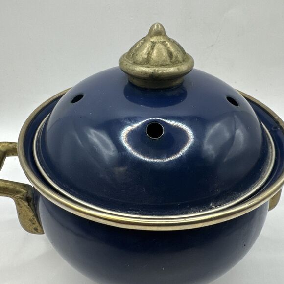 Vintage Brass and Enamel Blue Garlic Candle Pot with Vented Lid Brass Handles - Picture 3 of 8